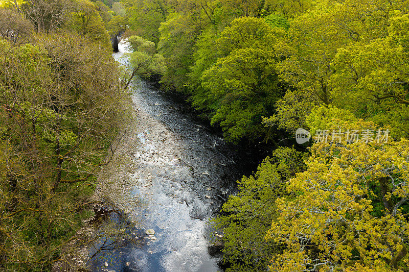 The drone view of a river in rural Scotland